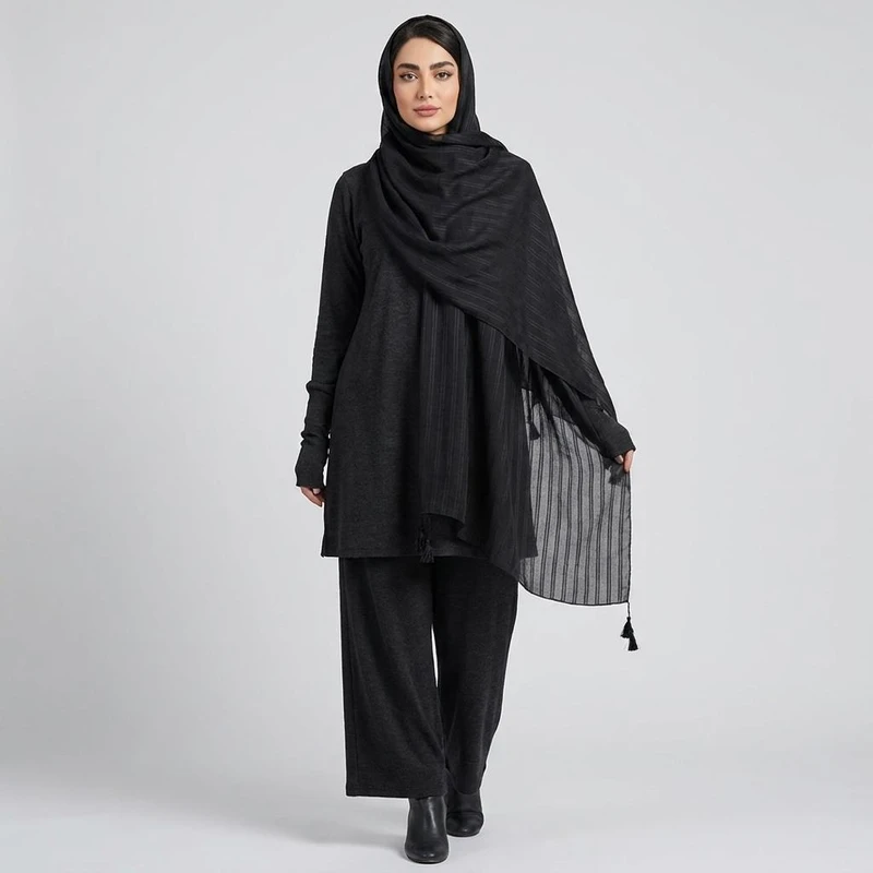 شال زنانه مدل ساده نخی راه راه منگوله دار چهار فصل