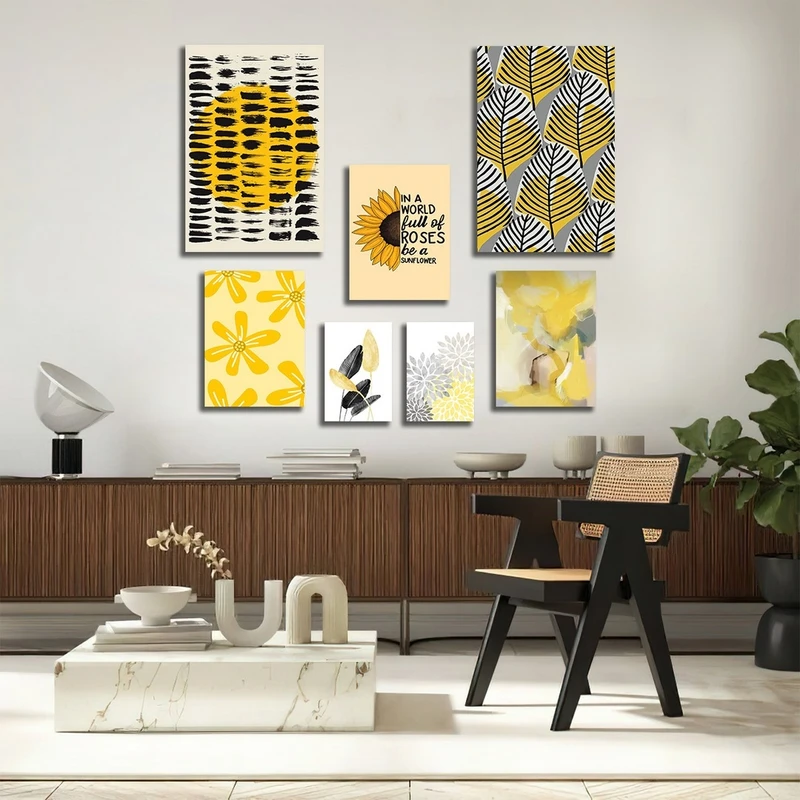 تابلو شاسی بکلیت طرح نقاشی مینیمال و گل آفتابگردان مدل SH-2718 مجموعه 7 عددی