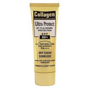 کرم ضد آفتاب بدون رنگ کلاژن، 60 SPF، مدل Ultra Protect، مناسب انواع پوست و حجم 130 میلی‌لیتر، محافظت کننده در برابر اشعه UVA و UVB، ضد آب، +++ PA، نرم کننده، روشن کننده پوست، مات کننده، با ماندگاری 2 ساعته