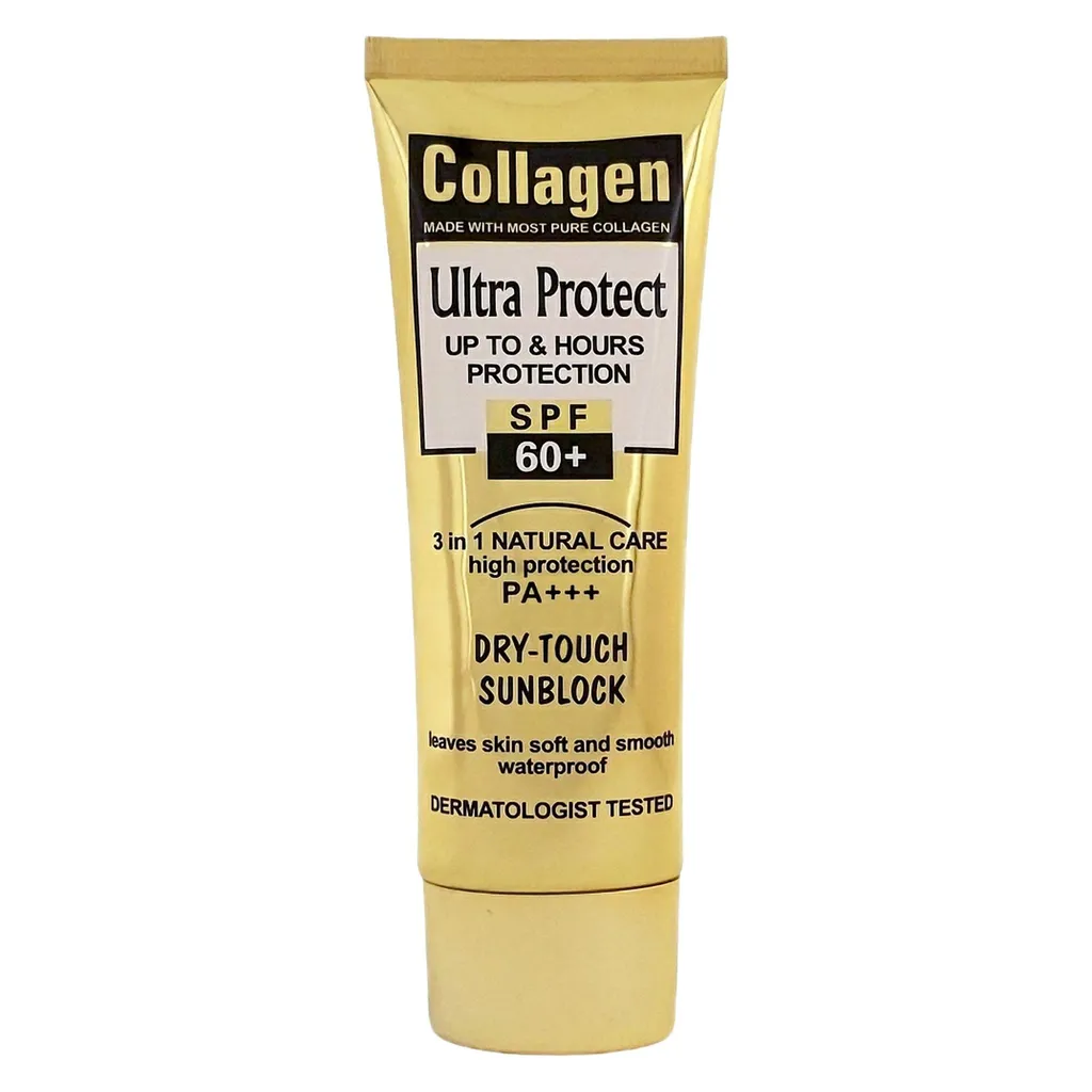 کرم ضد آفتاب بدون رنگ کلاژن، 60 SPF، مدل Ultra Protect، مناسب انواع پوست و حجم 130 میلی‌لیتر، محافظت کننده در برابر اشعه UVA و UVB، ضد آب، +++ PA، نرم کننده، روشن کننده پوست، مات کننده، با ماندگاری 2 ساعته