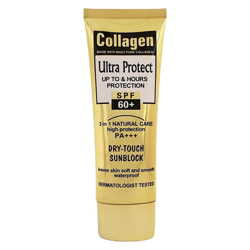 کرم ضد آفتاب بدون رنگ کلاژن، 60 SPF، مدل Ultra Protect، مناسب انواع پوست و حجم 130 میلیلیتر، محافظت کننده در برابر اشعه UVA و UVB، ضد آب، +++ PA، نرم کننده، روشن کننده پوست، مات کننده، با ماندگاری 2 ساعته