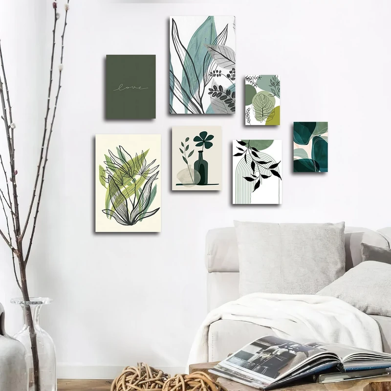 تابلو شاسی بکلیت طرح نقاشی مینیمال برگ سبز مدل SH-3070 مجموعه 7 عددی