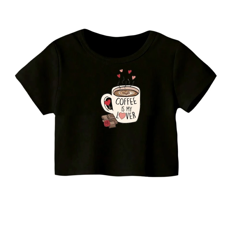 کراپ‌ تی‌شرت آستین کوتاه زنانه مدل فنجون قهوه