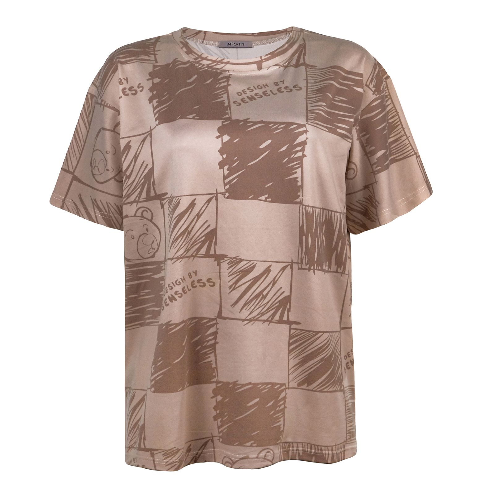 تی شرت لانگ آستین کوتاه  زنانه افراتین مدل خرس شطرنجی رنگ قهوه ای -  - 1