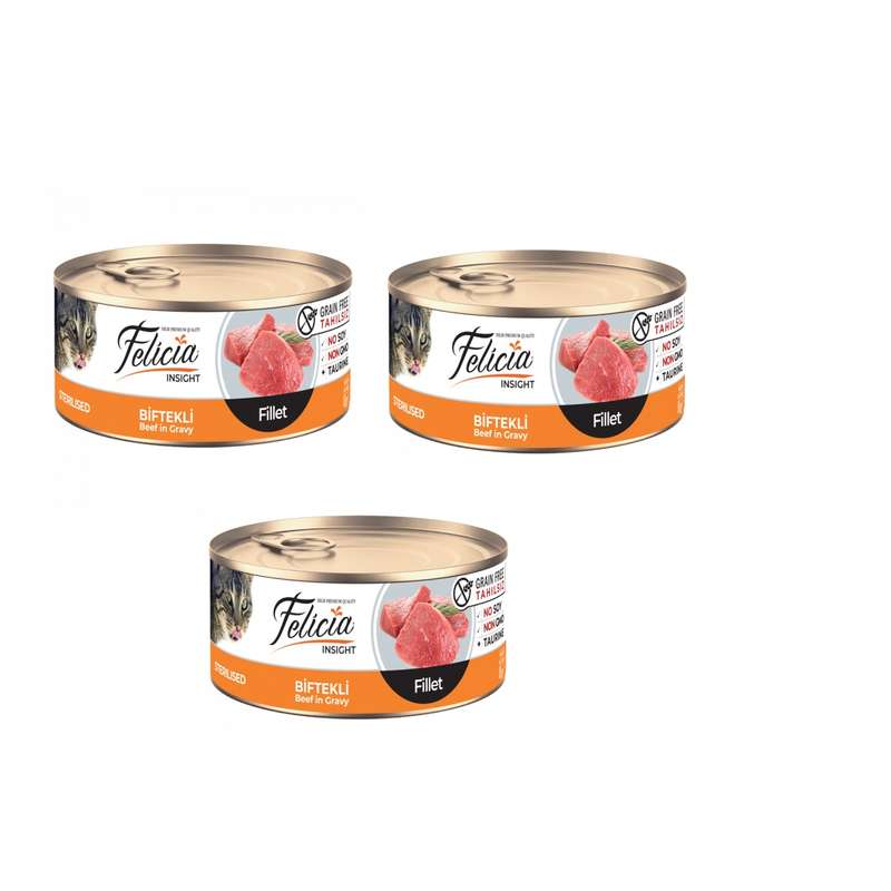 کنسرو گربه بزرگسال فلیسیا مدل  Sterilised Fillet Beef وزن 85 گرم بسته 3 عددی