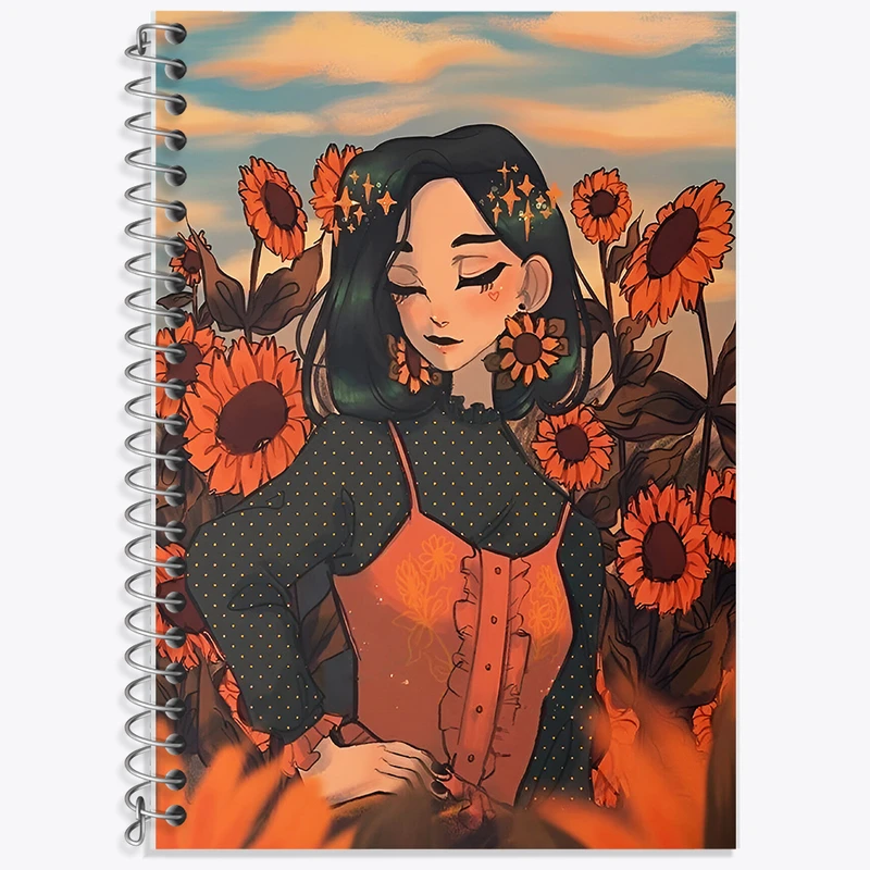 دفتر زبان 50 برگ خندالو مدل سه خط طرح دختر و گل آفتابگردان کد F7385