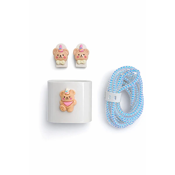 محافظ کابل طرح خرس شکلات به همراه محافظ شارژر دیواری 25 وات مجموعه 4 عددی