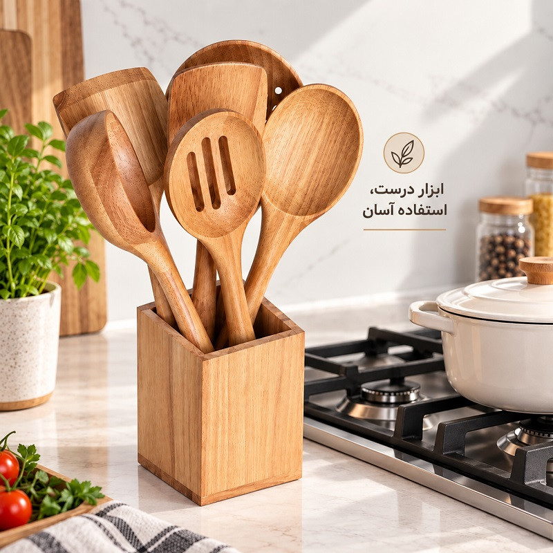 سرویس کفگیر و ملاقه چوبی 6 پارچه مدل 1106 به همراه استند