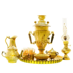سرویس سماور ذغالی 13 پارچه برنجی مدل سوزنی ترک دار کد 4294