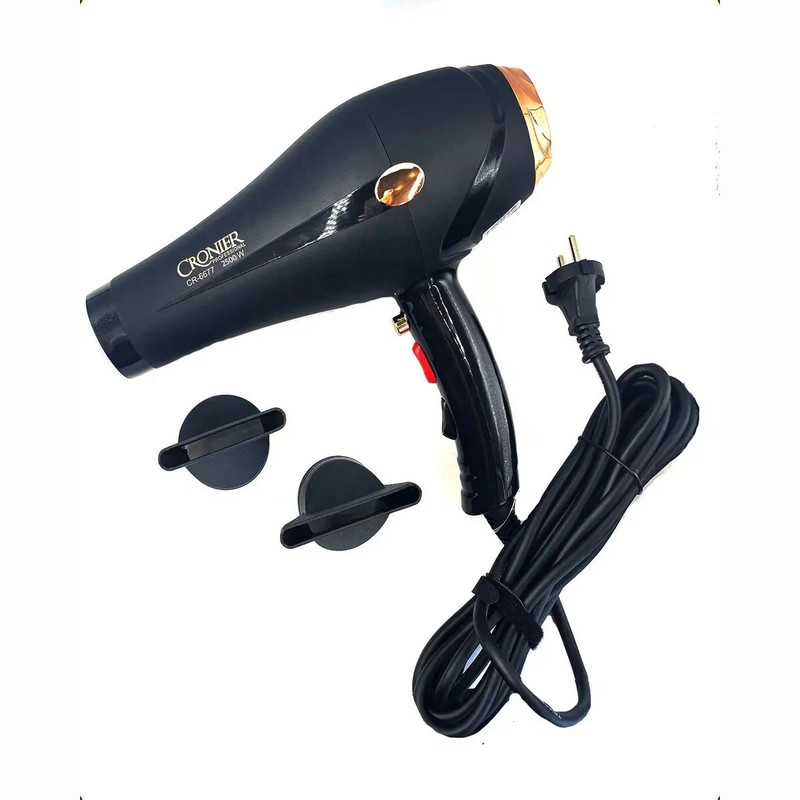 سشوار نیمه حرفه‌ای کرونر مدل CR-6677 2500W، موتور AC، توان مصرفی 2500 وات، دارای قابلیت باد سرد، فناوری تولید یون، وزن 540 گرم، به همراه 2 عدد سری متمرکزکننده