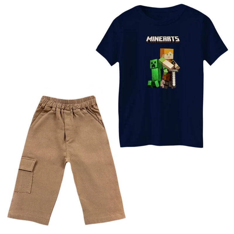 ست تی‌شرت و شلوارک پسرانه مدل ماینکرفت کد 5 رنگ سرمه ای