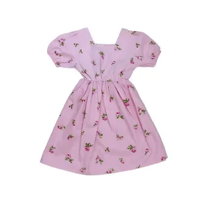 پیراهن آستین کوتاه یقه خشتی دخترانه مدل گلدار پشت پاپیون 0069