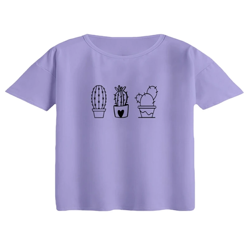 کراپ تی‌شرت آستین کوتاه زنانه مدل کاکتوس خطی 1 رنگ یاسی