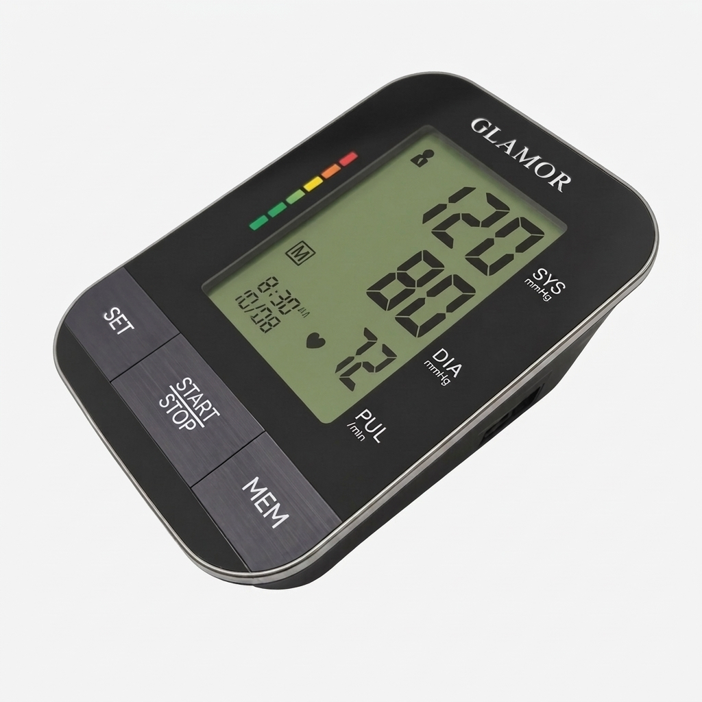 فشارسنج بازویی دیجیتال گلامور مدل DBP-1332، با نمایشگر LCD، اعلان صوتی فارسی، نور پس‌زمینه چندرنگ، منبع انرژی برق و باتری، مناسب بازو 22-42 سانتی‌متر، دو پروفایل کاربر، به‌همراه کیف ضدضربه، دو کاف بازویی و آداپتور برق