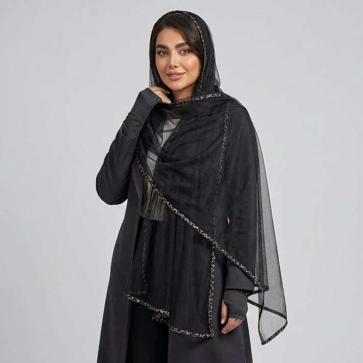 شال زنانه مدل توری ساده دور نوار پلنگی دوزی