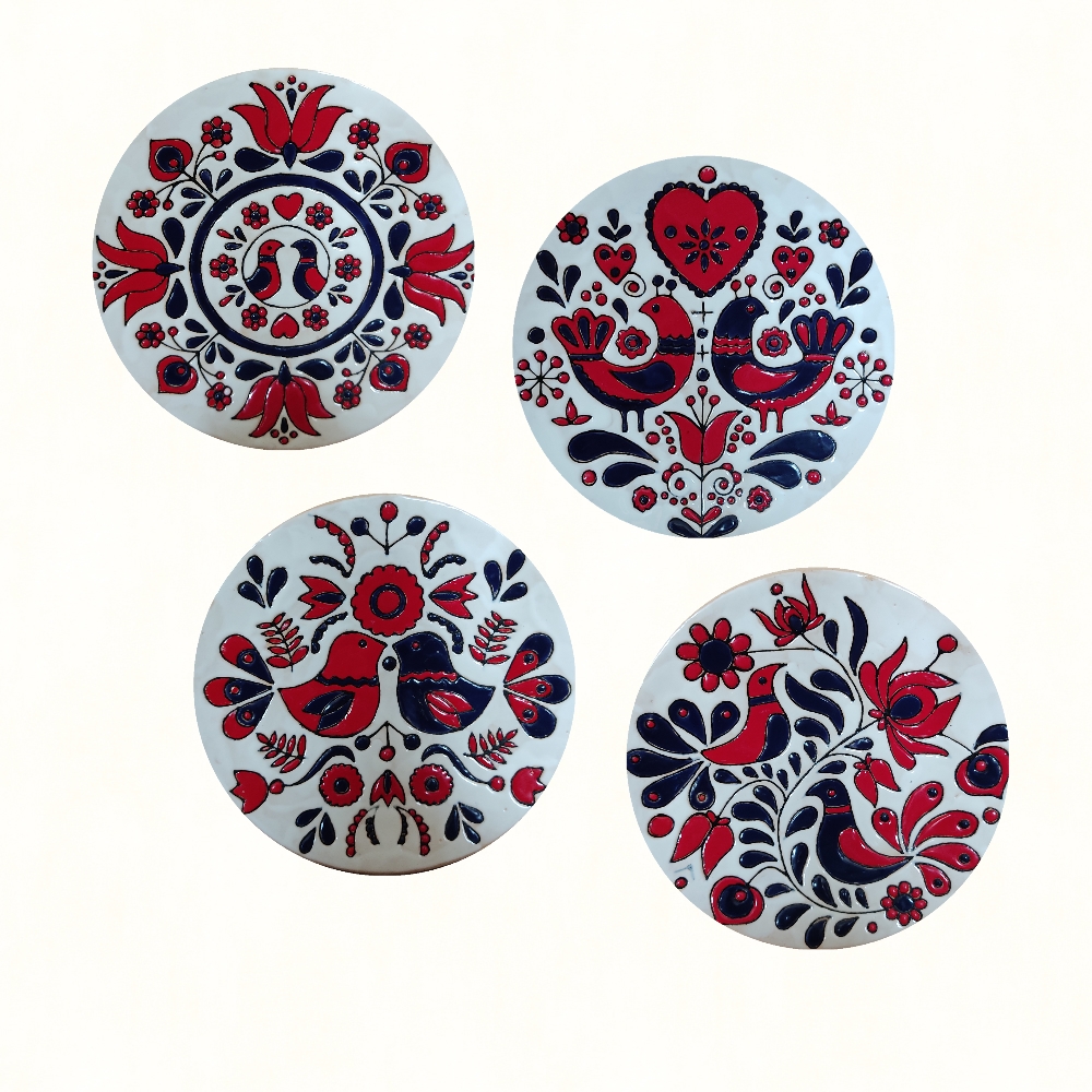 بشقاب دیوارکوب سفالی مدل گل مرغی مجموعه 4 عددی