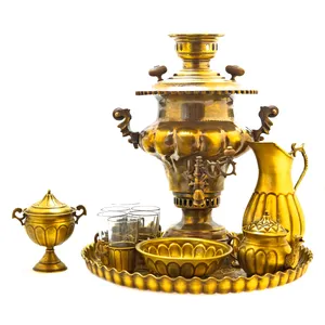 سرویس سماور ذغالی 12 پارچه برنجی مدل پیچ کد 3084