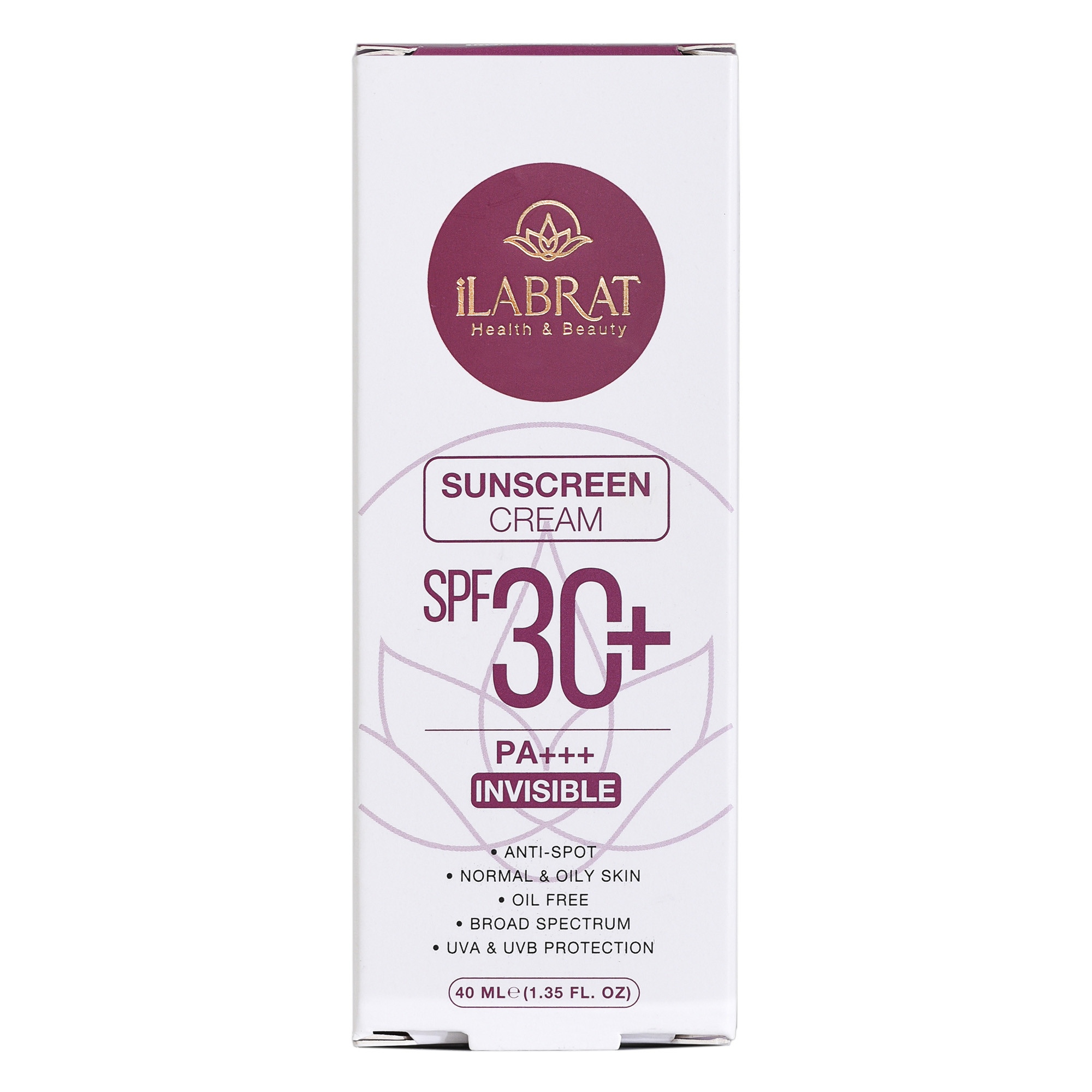 کرم ضدآفتاب بی رنگ ایلابرت +SPF30 مدل ضد لک 30 پلاس مناسب پوست های معمولی و چرب حجم 40 میلی لیتر