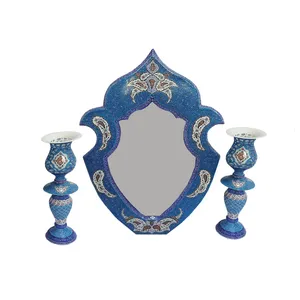 ست 3 تکه آینه و شعمدان میناکاری مدل اسلیمی ختایی طرح پرداز کد 898