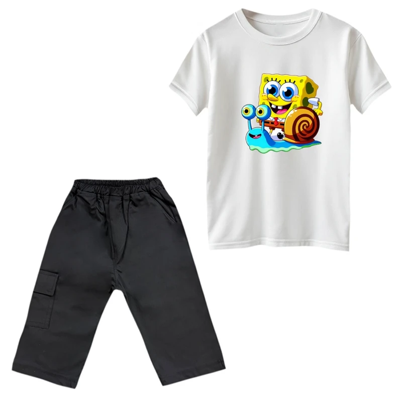 ست تی‌شرت و شلوارک پسرانه مدل باب اسفنجی کد 2 رنگ سفید 