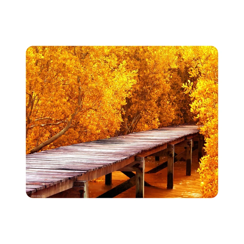 ماوس پد اطلس آبی طرح نقاشی منظره پاییز و پل رودخانه و درخت مدل T1095