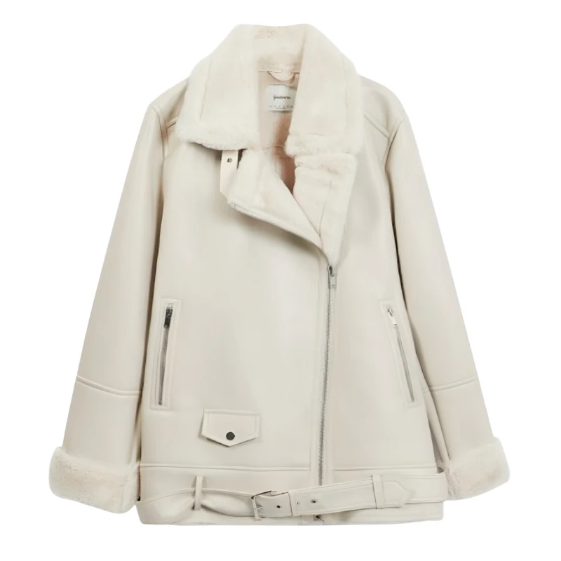 کت چرم زنانه استرادیواریوس مدل FAUX BIKER FUR LINING 2025