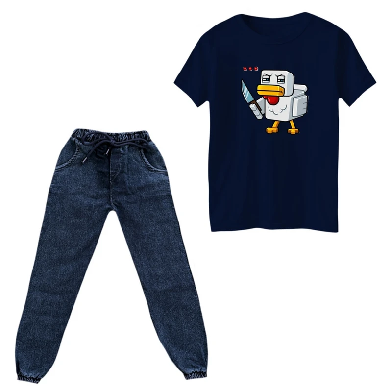 ست تی‌شرت و شلوار پسرانه مدل ماینکرفت کد 04 رنگ سرمه ای