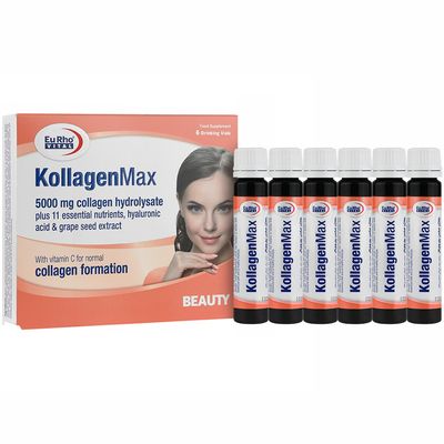 ویال خوراکی کلاژن مکس یوروویتال بسته 6 عددی با کلاژن هیدرولیز شده 5000 میلی‌گرم، اسید هیالورونیک و ویتامین C برای حفظ شادابی، آبرسانی، تقویت مو و ناخن و کاهش چین و چروک پوست