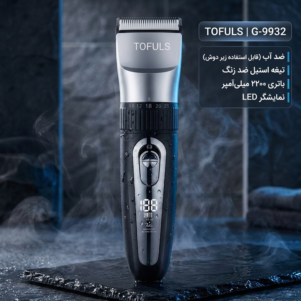 ماشین اصلاح صورت و بدن شارژی توفولز مدل G-9932 با تیغه استیل ضد زنگ، باتری لیتیوم یونی 2200 میلی‌آمپری، 6 طول برش، 2 سطح قدرت، طراحی ارگونومیک و ضد آب با نمایشگر LED و قابلیت استفاده زیر دوش