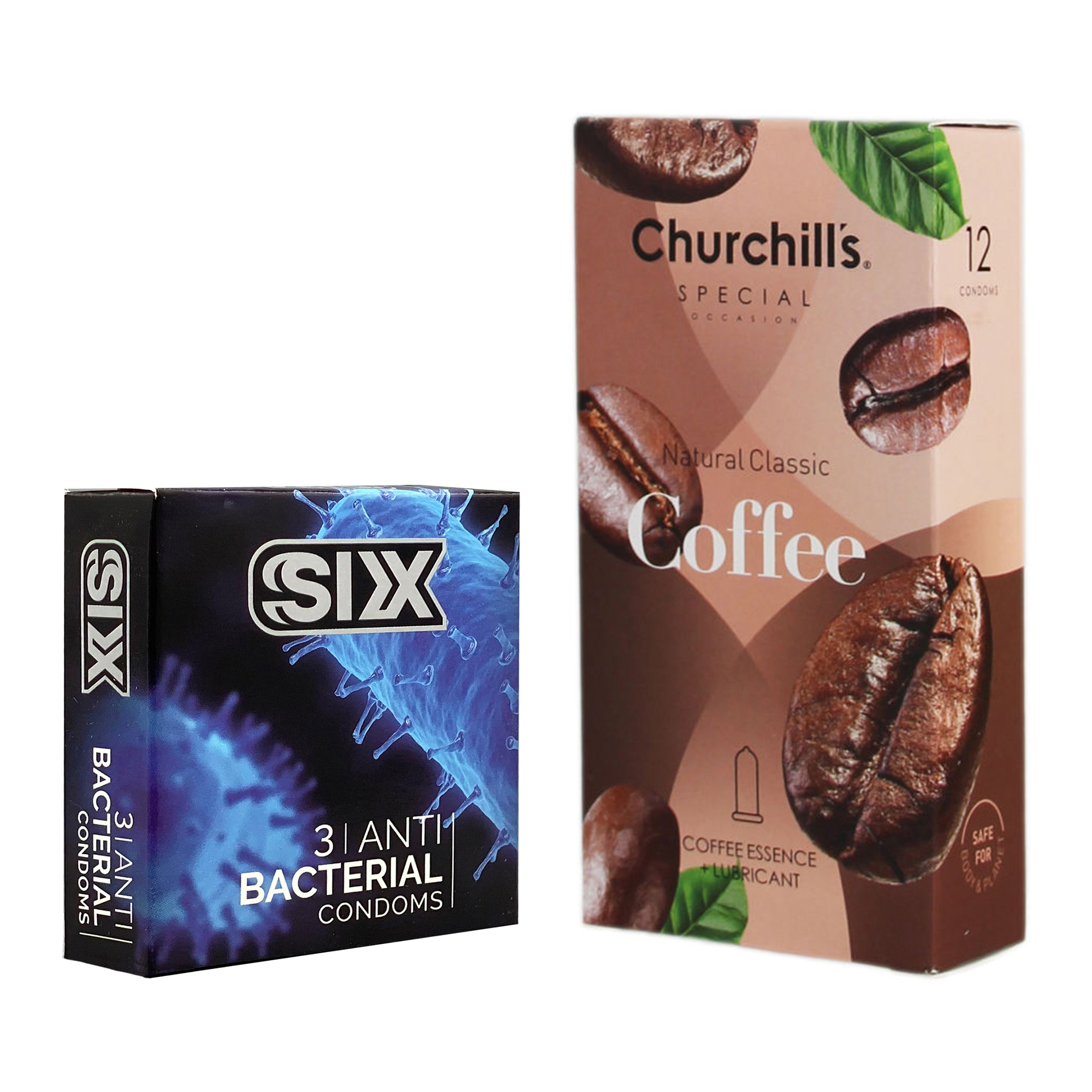 کاندوم چرچیلز مدل Coffee بسته 12 عددی به همراه کاندوم سیکس مدل آنتی باکتریال بسته 3 عددی 