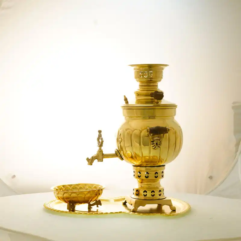 سرویس سماور ذغالی 3 پارچه برنجی مدل توپی شیاردار کد H-1249