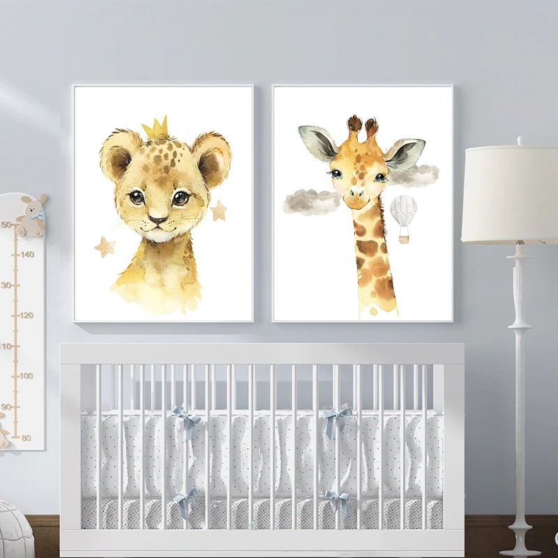 تابلو اتاق کودک و نوزاد الفاپ مدل زرافه و شیر کد Watercolore Animals 002 مجموعه 2 عددی
