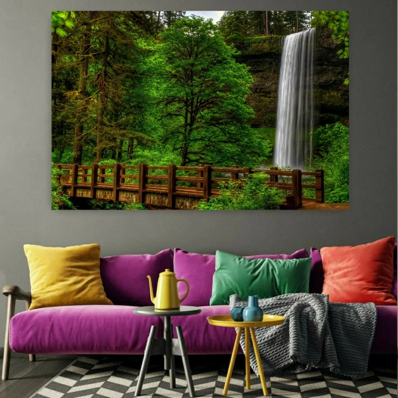 تابلو بوم طرح مخمل مدل آبشار جنگلی کد BK1155