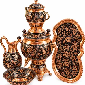 ست ۵ تکه سماور مسی و برنجی مدل الماس تراش طرح گل و مرغ کد 107