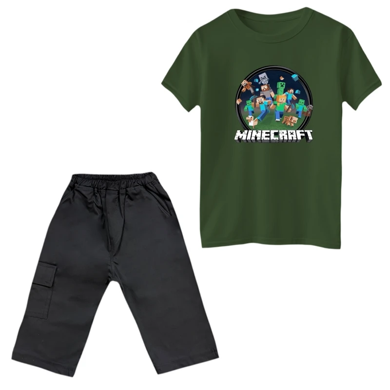 ست تی‌شرت و شلوارک پسرانه مدل ماینکرفت کد 006 رنگ یشمی 