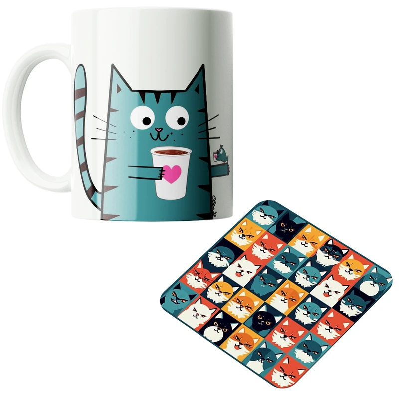 ماگ پاد آفرین مدل گربه کیوت فانتزی بامزه کارتونی کد PZ510 به همراه زیرلیوانی