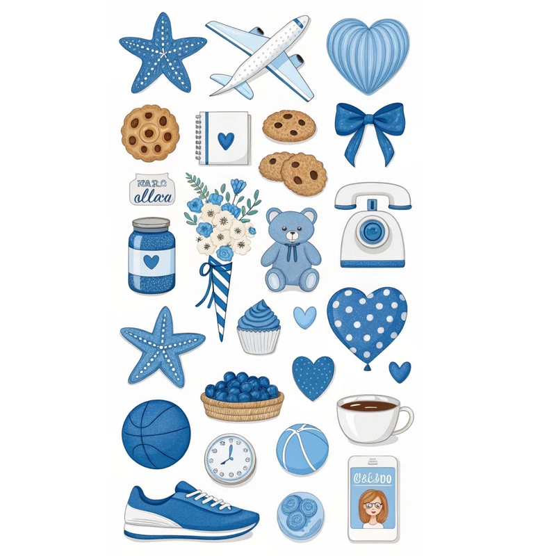 استیکر موبایل، تبلت و لپ تاپ طرح قلب و گل آبی کد 454 مجموعه 22 عددی