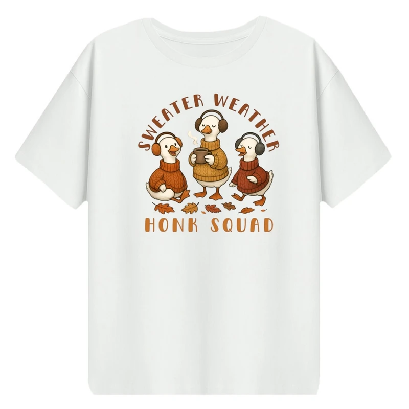 تی‌شرت اورسایز آستین کوتاه زنانه مدل باکسی طرح اردک های پاییز کد v3