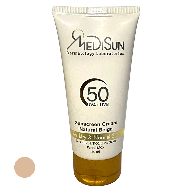 کرم ضد آفتاب رنگی مدیسان SPF50 مدل UVA+UVB مناسب پوست های خشک و معمولی حجم 50 میلی لیتر