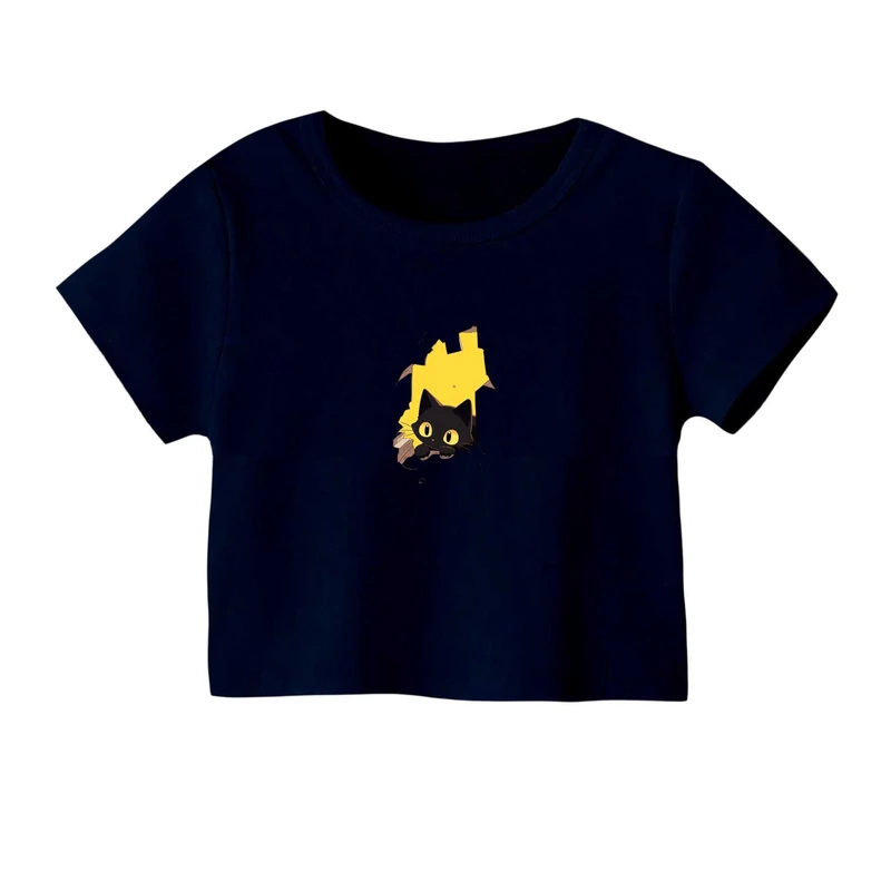 کراپ‌ تی‌شرت آستین کوتاه زنانه مدل گربه