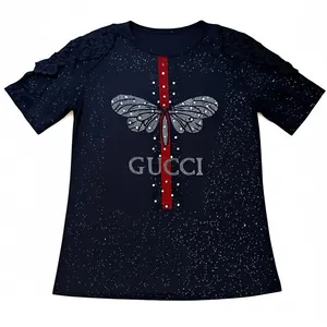 بلوز آستین کوتاه یقه گرد زنانه مدل لمه دار طرح پروانه ونگین کد 0067