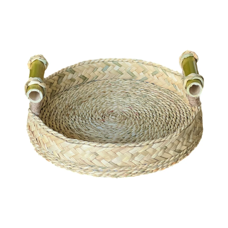 سینی حصیری مدل دسته بامبو طرح گرد کد 25cm