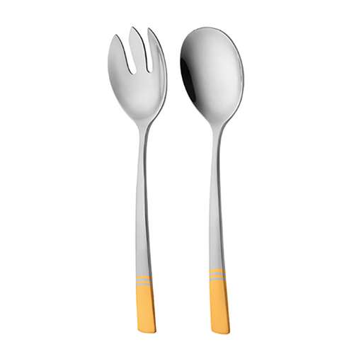 قاشق و چنگال سرو سالاد ناب استیل مدل فلورانس دور طلایی