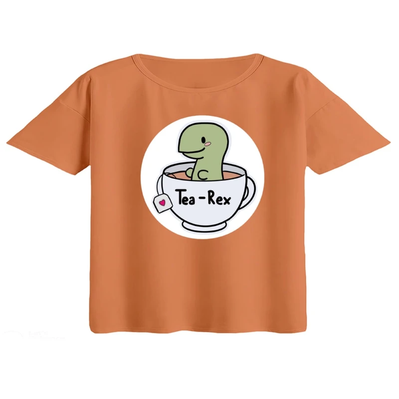 کراپ تی‌شرت آستین کوتاه زنانه مدل دایناسور و چای