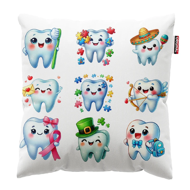 کوسن پاد آفرین مدل دندانپزشک مطب دندانپزشکی طرح دندان کد PK301877 سایز 30*30 سانتی متر