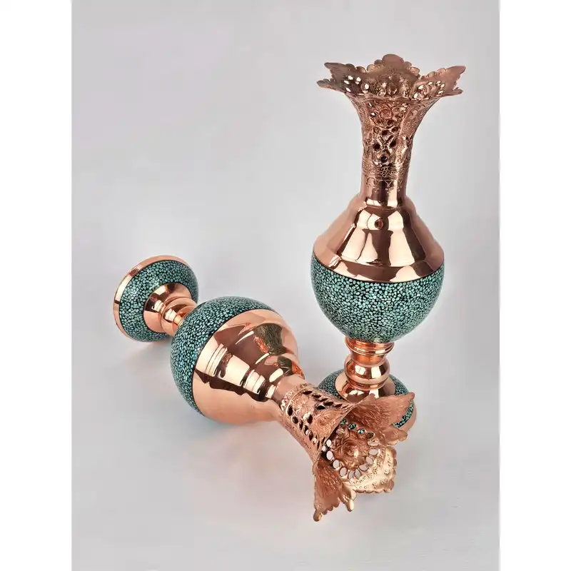 گلدان فیروزه کوبی مسی مدل سنبلدان کد S01 مجموعه 2 عددی