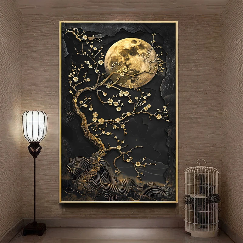 تابلو طرح دکوراتیو شکوفه های ماه کد 878 فریم طلایی