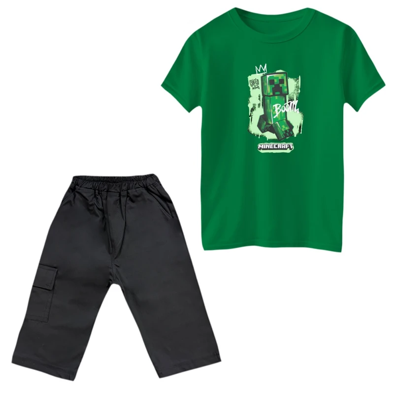 ست تی‌شرت و شلوارک پسرانه مدل ماینکرفت کد 6 رنگ سبز