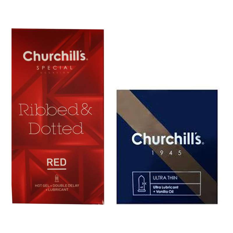 کاندوم چرچیلز مدل Ribed and Dotted بسته 12 عددی به همراه کاندوم چرچیلز مدل Ultra Lubricant بسته 3 عددی