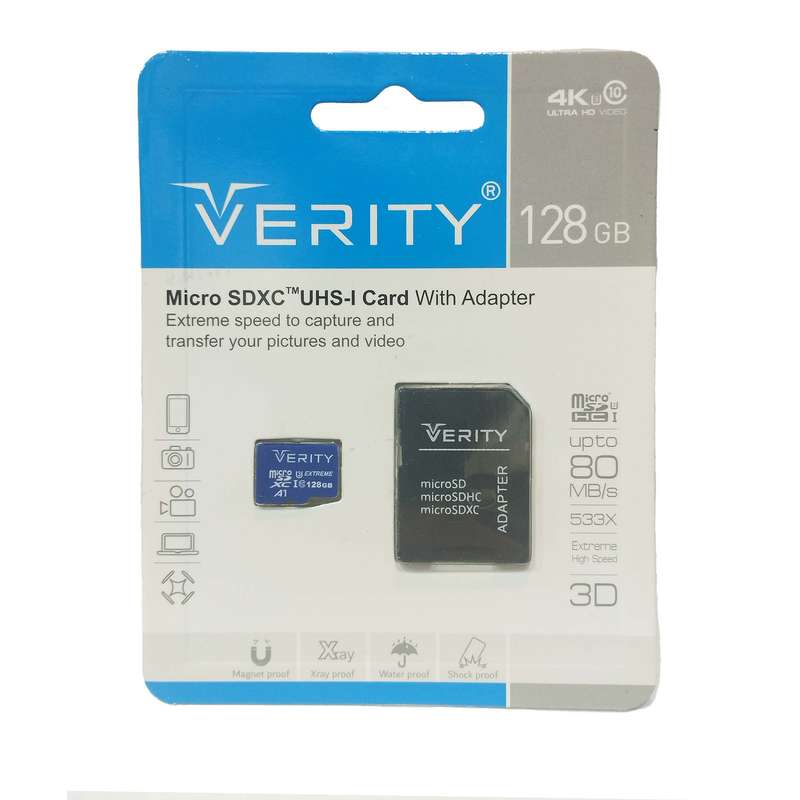 کارت حافظه microSDXC وریتی مدل 4K کلاس 10 استاندارد UHS-I U3 سرعت 80MBps ظرفیت 128 گیگابایت به همراه آداپتور SD